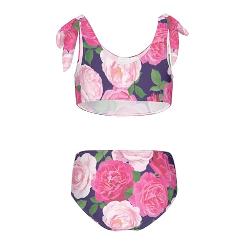 Girls Pink Rose Flowers and Leaf Pattern Swimsuit Two Pieces Bikini Set Bathing Suits Swimwear Crop Top Swimsuit Set2