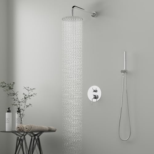 Image of BESy Shower System with 10 Inch Round Rain Shower Head and Handheld Wall Mounted, High Pressure Rainfall Shower Faucet Fixture Combo Set with 2 in 1 Handheld Showerhead for Bathroom, Polished Chrome