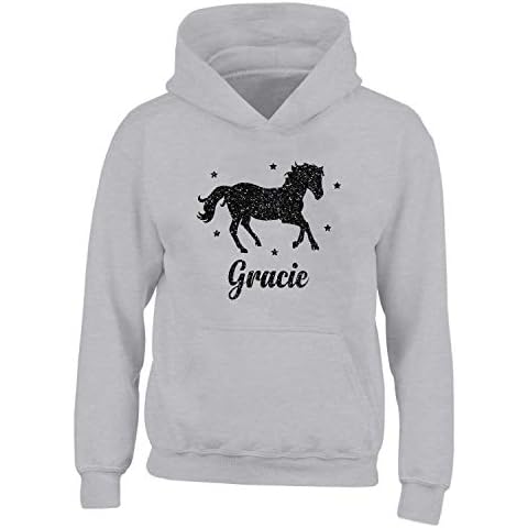Childrens Personalised Glitter Horse Hoodie Riding School Hoody Girls Boys Gift, Cloudy Grey/Black Glitter Print, 9-10 Years Cover