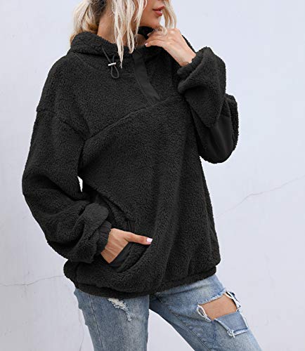 PRETTYGARDEN Women's Long Sleeve Fuzzy Sherpa Fleece Sweatshirt Coat Zipper Hoodie Oversized Pullover Outwear with Pockets (Small, Solid Black)
