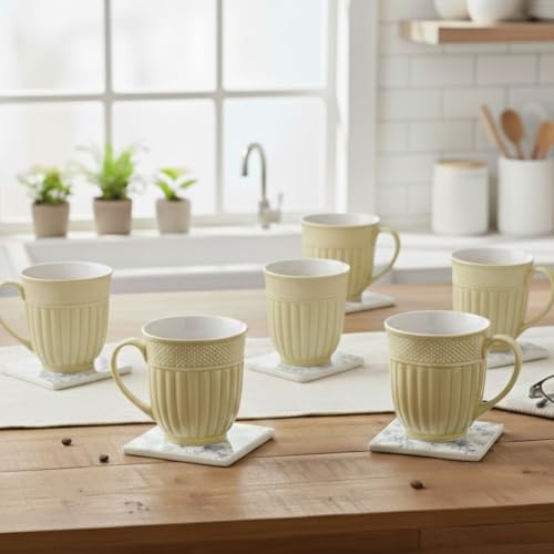 Image of Clay Craft Fine Ceramic Tea Cups Set of 6| 200 Ml Elegant Textured Cups with Comfortable Handle | Ideal for Tea| Coffee| Home Use & Gifting