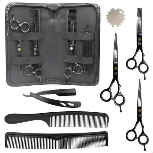 Conjunto de Tesouras Profissionais - Fio Laser, Fio Navalha e Fio Desfiadeira + Navalhete e Estojo (Preto)