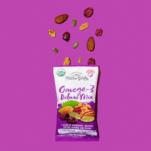 Nature's Garden Omega 3 Deluxe Mix - Trail Mix Nuts, Heart Healthy, Gluten Free, Cholesterol Free, Sodium Free, No Artificial Ingredients - 1.2 oz Bags (24 Individual Servings)