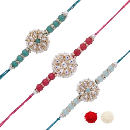 Image of I Jewels Mens Kundan & Pearl Combo Rakhi With Roli Chawal & Rakshabandhan Card For Brother /Bro /Bhai Set Of 3 Rakhi