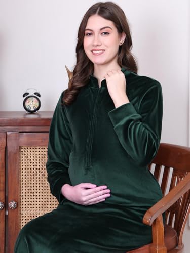 Image of Secret Wish Solid Velvet Maternity Nighty Full Length