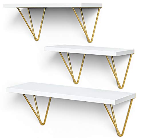 STORAGEGEAR Triangle Modern Gold Bracket Floating Shelves Set of 3 Wall Mounted for Home Decor Living Room, Bathroom, Bedroom, Kitchen and Coffee Bar Storage