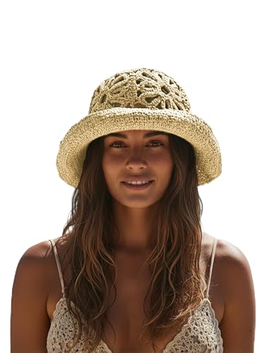 Sombrero de paja tejido a mano para mujer, estilo bucket