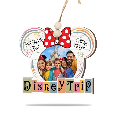 Family Vacation Trip Wooden Photo Ornament – Ears with Bow Design, “Dreams Do Come True” Family Vacation Magic Kingdom Keepsake, Rustic Holiday Decoration with Photo Frame