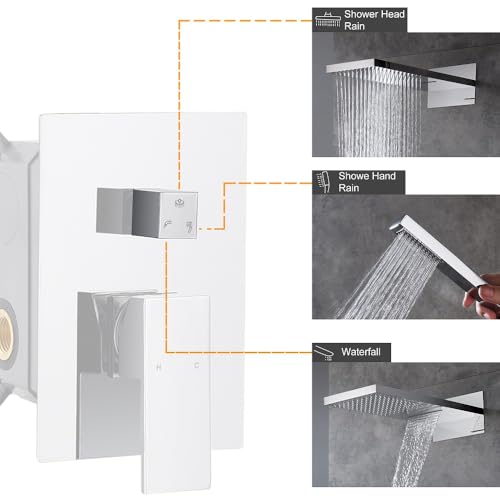 Cascada 9”x22” Sistema de ducha Luxury (Montado en pared) con válvula de mango único, 3 funciones (Lluvia, Cascada y ducha de mano) (Bronce aceitado) miniatura 3