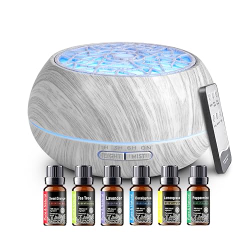 550ml Large Capacity Essential Oil Diffuser 6 Essentil Oil Set Aromatherapy Ultrasonic Air Humidifier with Timer and 7 Color LED Night Light Remote Control Waterless Auto-Off White Wood Grain