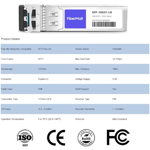 Image of FiberMall 4Pcs SFP+ 10GBASE-LR 10km SMF Fiber Optic Transceiver Module Compatible with Palo Alto Networks PAN SFP-Plus-LR 10Gbps Ethernet, LC Connector, DOM, 3Yr Warranty