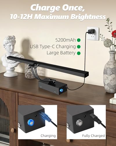 Image of 4 Pack Rechargeable Picture Light, 5200mAh Black Battery Operated Picture Lights for Wall with Remote Control, 300LM 3000K Warm White Light 16 inch Metal Dimmable Picture Light for Painting & Artwork