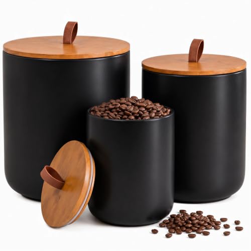 Arvenlora Black Ceramic Food Storage Canister Set (30 oz, 48 oz, 82 oz) with Bamboo Lids, 3-Piece Airtight Jars for Flour, Sugar, Coffee, Tea, Oats, Spice – Kitchen Storage Containers with Lids
