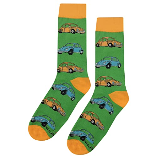 SockFly VW Beetle Green Dress Socks Funny Novelty Crazy Fun Design Men Size 8-12 Cotton Casual Crew Colorful Funky Fancy Socks Gift for Men