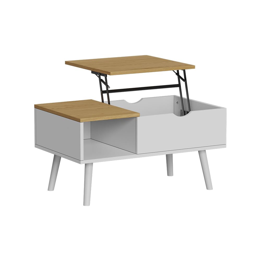 Vicco Couchtisch Stora, Weiß/Eiche, 76 x 45 cm | mit Liftfunktion, höhenverstellbarer Tischplatte und offenem Ablagefach