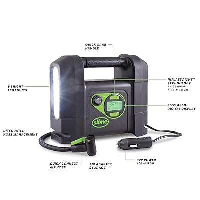 Slime 40047 Tire Inflator, Portable Car Air Compressor, Rugged, Inflate Right automatic shut off, with Digital 99 psi Display, Long Hose and LED Light, 12V, 4 min inflation