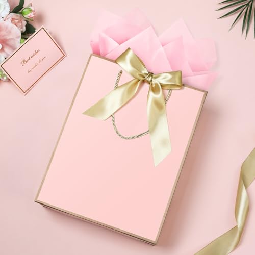 Image of JMANNI Pink Day Gift Bag, 2PCS 13 inch Gift Bags with Ribbon and 2 Greeting Cards 4 Tissue Paper, Portable Paper Gift Bag with Handles, Birthday Gift Bags,Present Bags for Wedding Party Mothers Day (Pink)