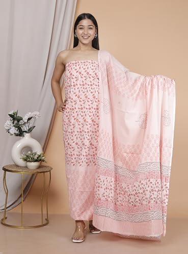 Image of NISHIRE Women's Cotton Jaipuri Hand Block Print Unstitched Suit Material with Cotton Mulmul Dupatta