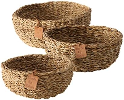 Boltze Korb Sophy 3-teilig (rund, Aufbewahrungskörbe aus Seegras, natürliche Farben, Deko-Körbe im Boho Stil, Skandinavisch) 2946200, Beige
