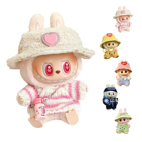 Ropa de muñeca para la-bubu, Disfraces para muñecas La-bubu, Adecuado para Todas Las muñecas de 17 cm, Accesorios la-bubu,con 1 Sombrero +1 Mameluco +1 Mochila para Botella (Rosa)