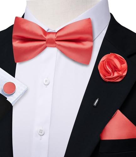 Image of Solid Color Bow Ties for Men Silk Pre-tied Tuxedo Bowtie Set 4PCS