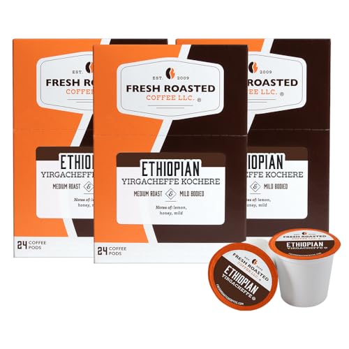 Fresh Roasted Coffee, Ethiopian Yirgacheffe Kochere, Medium Roast, 72 Pods for K Cup Brewers
