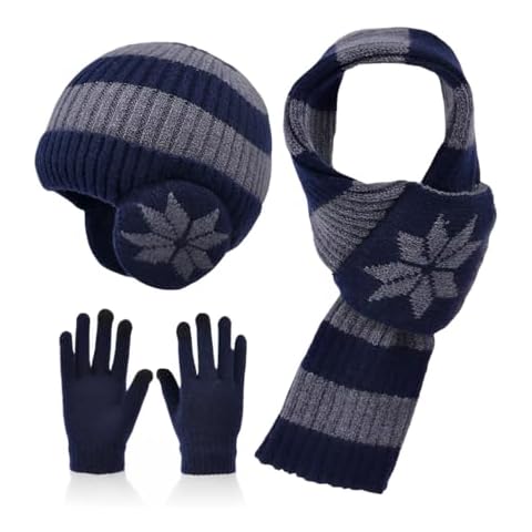 Kids Winter Hat Scarf Gloves Set 3Pcs, 3-12Y Fleece Lined Beanie With Earmuffs Double Layer Scarf Touchscreen Gloves Toddlers (Navy Blue) Cover