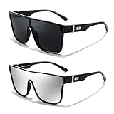 FEISEDY 2Pack Sunglasses for Women Men, Fashion Mirrored Single Lens, Driving Beach Sunnies UV400 Shades B2996 Black+Silver