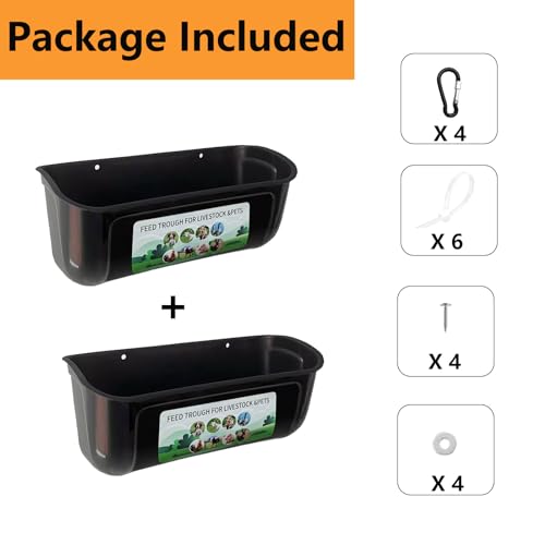 Goat Feeder, Hanging Chicken Feeder, 2 Pack Fence Feed Trough for Deer Sheep Duck Poultry Feeding Container Waterer Bucket with Clips for Livestock