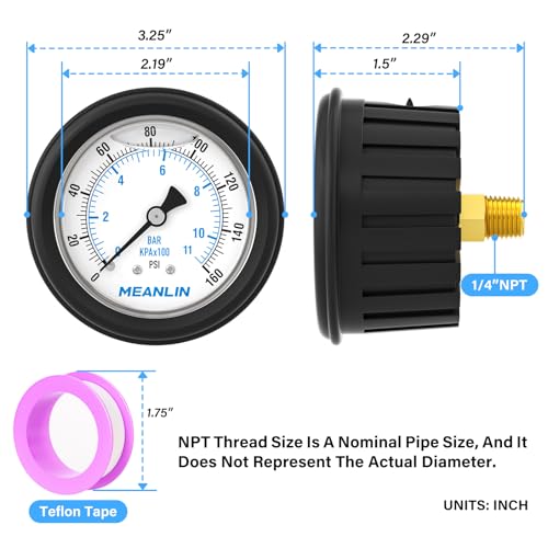 Image of MEANLIN MEASURE 0~160Psi Stainless Steel Liquid Filled Pressure Gauge 1 /4 inch NPT 2.5 inch FACE DIAL with Rubber Protective Sleeve, Center Back Mount