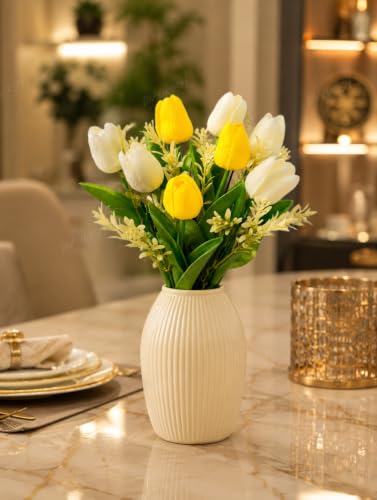 Image of Divyakosh Artificial Flowers Bunch (Vase Not Included). Artificial Flower for Vase Flower Bouquet Gift, 8 Artificial Tulips (5 Ivory White & 3 Soft Yellow), Home Decor for Living Room
