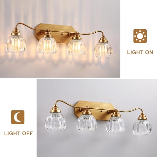 Image of Vintage Bathroom Light Fixtures, 4 Light Gold Bathroom Vanity Light, Matte Antique Brass Finish with Crystal Glass Shade, Wall Sconces Lighting for Bedroom, Living Room, Hallway