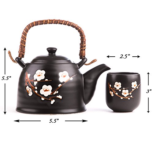 Contemporary handcrafted Japanese Cherry Blossoms Handcrafted Ceramic Tea Set – with Stainless Steel loose leaf Infuser and Matching Four Tea Cup
