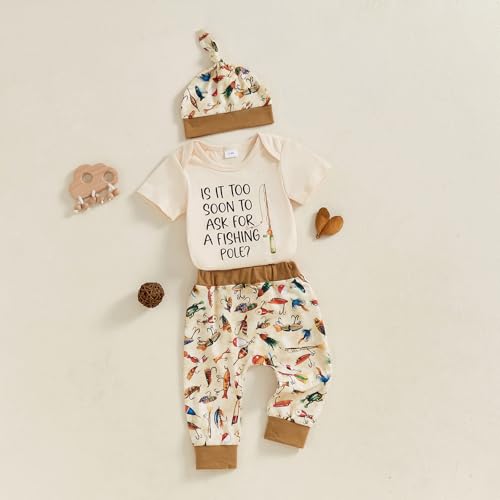 BHMAWSRT Baby Boy Clothes Letter Short Sleeve Romper Top&Pants Hat Newborn Going Home Fishing Pattern Outfits3