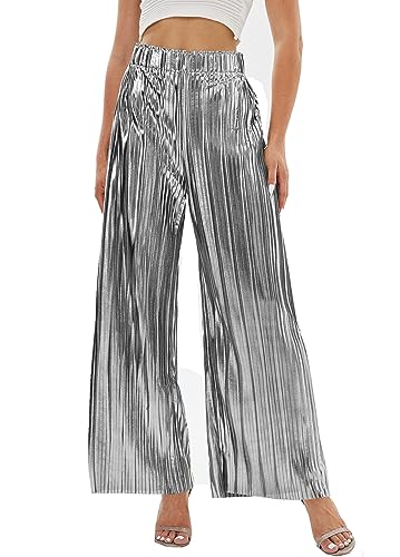 zsangbee Women's Metallic Sparkle Wide Leg Sequin Shiny Pants Party