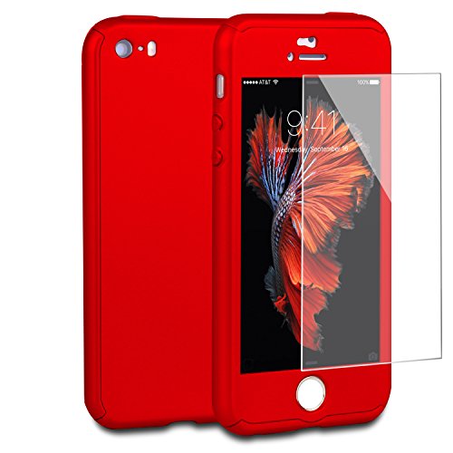 iPhone SE Case,iPhone 5S Case,sxxissky Premium 360 Full Body Coverage Ultra-Thin Hard PC Plastic with [Slim Tempered Glass Screen Protector] Protective Case Cover & Skin for Apple iPhone5/5S/SE (Red)