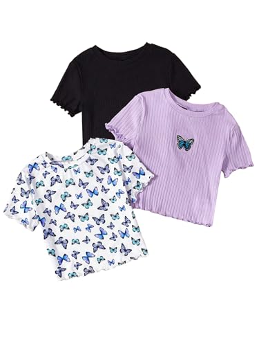 Girl's 3 Packs Graphic Tees Butterfly Embroidery Short Sleeve T Shirt Crewneck Slim Fit Tops