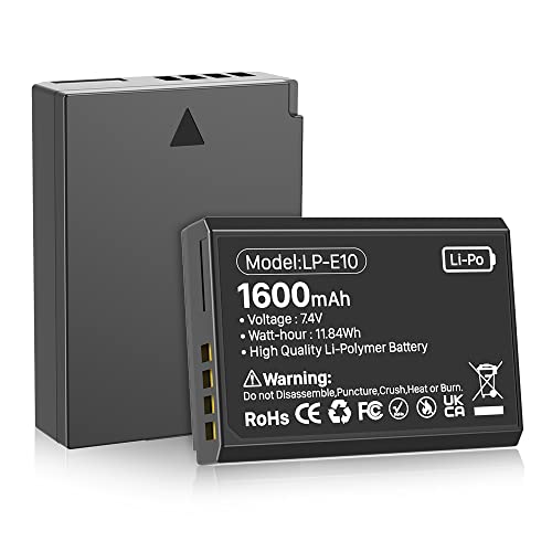 Batterie pour Canon LP-E10, 1600mAh 7.4V Haute capacité Batteries de Rechange pour Canon LP-E10 et EOS 1100D 1200D 1300D 1500D 2000D 3000D 4000D T3 T5 T6 T7 T100 Appareils Photo (1 Paquets)