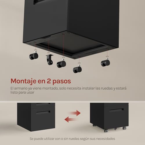 WOLTU Cajonera de Oficina Armario Archivador Móvil con Cerradura, Cajonera con Ruedas para Archivos A4 Carpetas Colgantes, Mueble Archivador Metálico para Oficina, Negro SK023sz - imagen 8