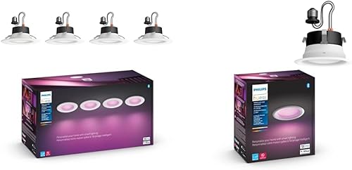 Philips Hue White and Color Ambiance - Focos empotrables inteligentes LED regulables extra brillantes (paquete de 4) y (1 unidad) compatibles con