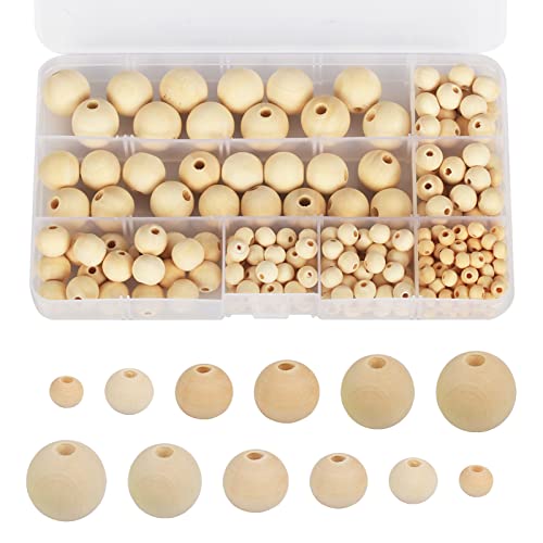 SUNYOK Wooden Beads 254 Pcs Large Hole Round Wooden Beads 6mm 8mm 10mm 12mm 16mm 18mm Natural Beads for Crafting, Macrame Beads for Crafts DIY Handmade Decorations Jewellery Making