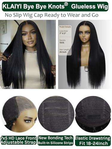 Image of KLAIYI Bye Bye Slip Yaki Straight 7X5 Pre Cut Lace Front Human Hair Wig Drawstring Glueless 30S Ready to Wear and Go Wig with Baby Hair Pre Plucked Bleached Knots Beginner Wigs for Black Women 22Inch