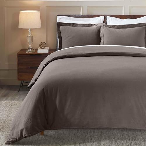 Superior Cotton Flannel Duvet Cover Set Brushed Cotton Bedding Cozy Comfort Soft 3-Piece Set Includes 1 Duvet Cover with Button Closure 2 Pillow Shams Solid Design Full/Queen Charcoal