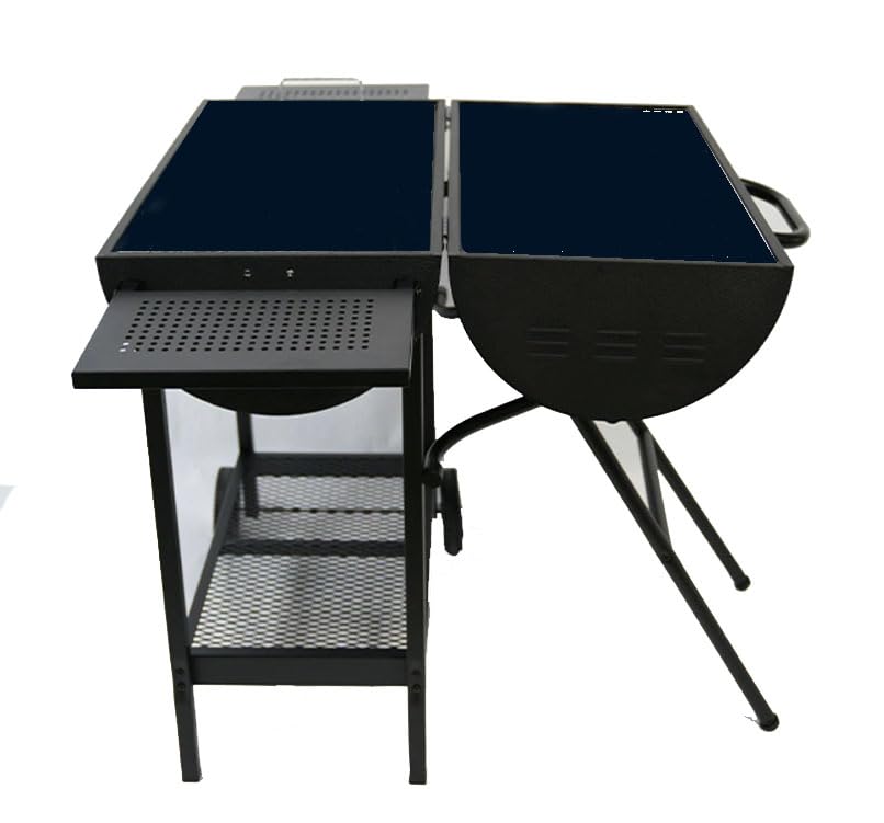 Fengzel Outdoor 両面焼き 自立式バーベキューコンロ 焼き、燻製、蒸し3WAY 10-20人用 棚板 キャスター追加 移動楽々 多人数 大型 バーベキューグリル (黒)