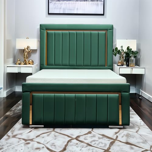 Living Comfort Princess Plush Velvet Bed Frame with Tall Panel Headboard & Gold Trim | Optional Gas Lift Storage or Slatted Base (Green, 3FT Single Slat Base With Mattress)