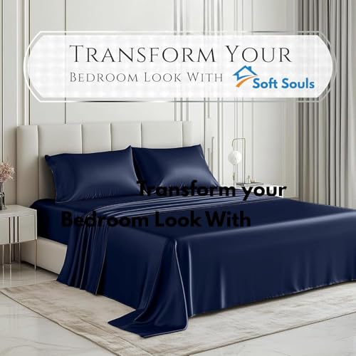 Image of SOFT SOULS Satin Silk Bedsheet with Pillow Covers for Couples, Valentine's Day, Girlfriend, Boyfriend, Husband, Wife, or a Romantic Wedding First Night (Navy B, Queen Bed Sheet)