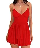 eoeoo Women's Sexy V Neck Ruffled Hem Mesh Sleeveless Ruched Spaghetti Strap Flowy Mini Dress Red Medium