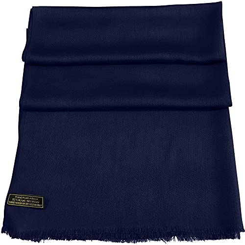 CJ Apparel Dark Blue Navy Blue Solid Color Fringe Design Nepalese Shawl Seconds Scarf Wrap Stole Throw Head Wrap Pashmina Hand Made in Nepal New