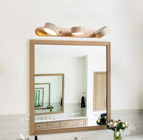 Image of Farmhouse Wood Vanity Light Fixture Nordic Style Stone Wall Lamp Natural Travertine Shade Linear Bathroom Wall Sconce 3 Lights Rotatable LED Wall Light Over Mirror - Natural Wood Color