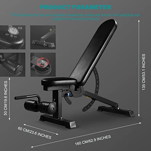 Druk bank Professionele 7- speed verstelbare multifunctionele halterbank Fitness stoel sit- ups bankdrukken bank schuine vlakke bank Dragend 881 pond (Color : Black, Size : 160x60x135 cm) - Image 8